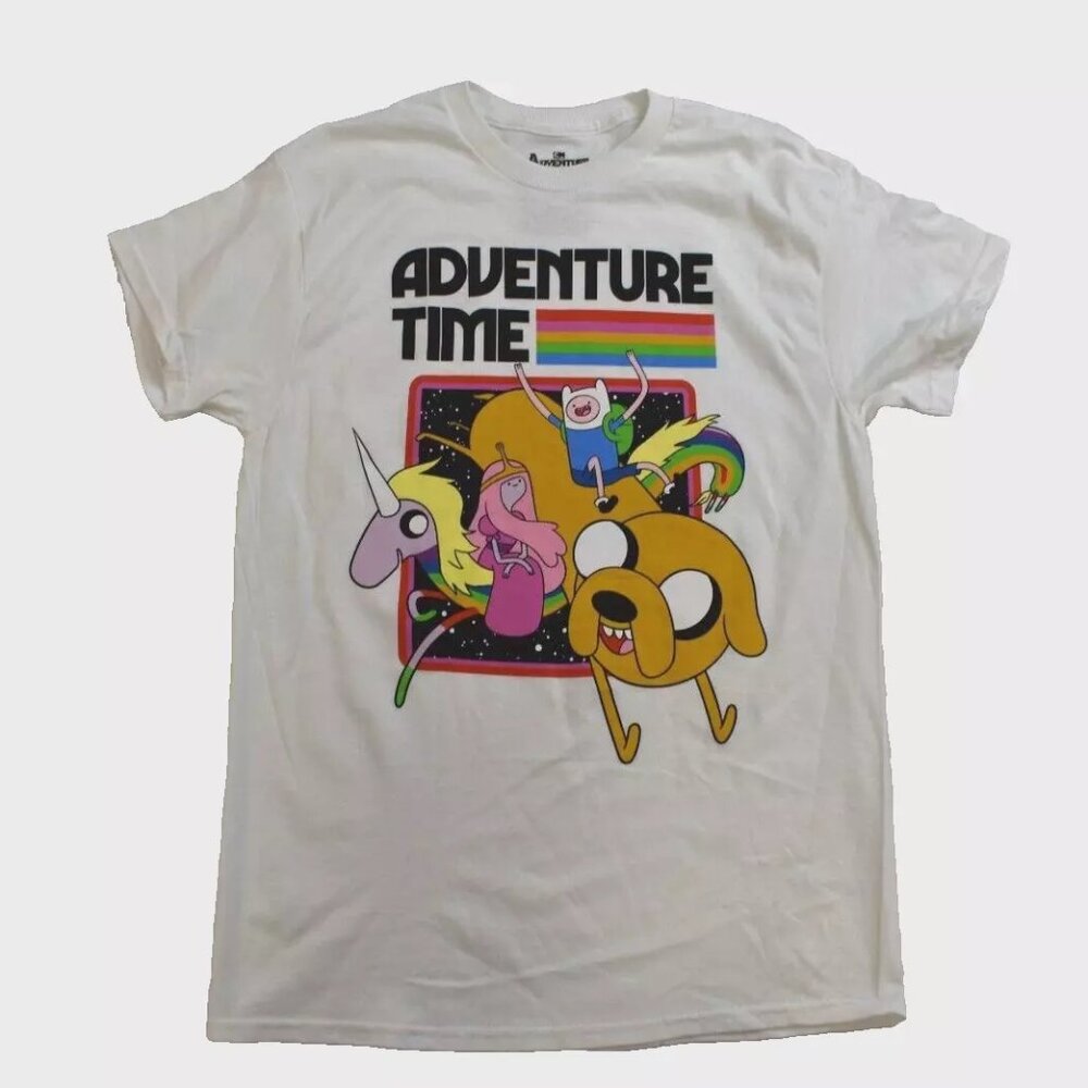 Adventure Time Mens Jake Finn Unicorn Rainbow Graphic White Shirt New